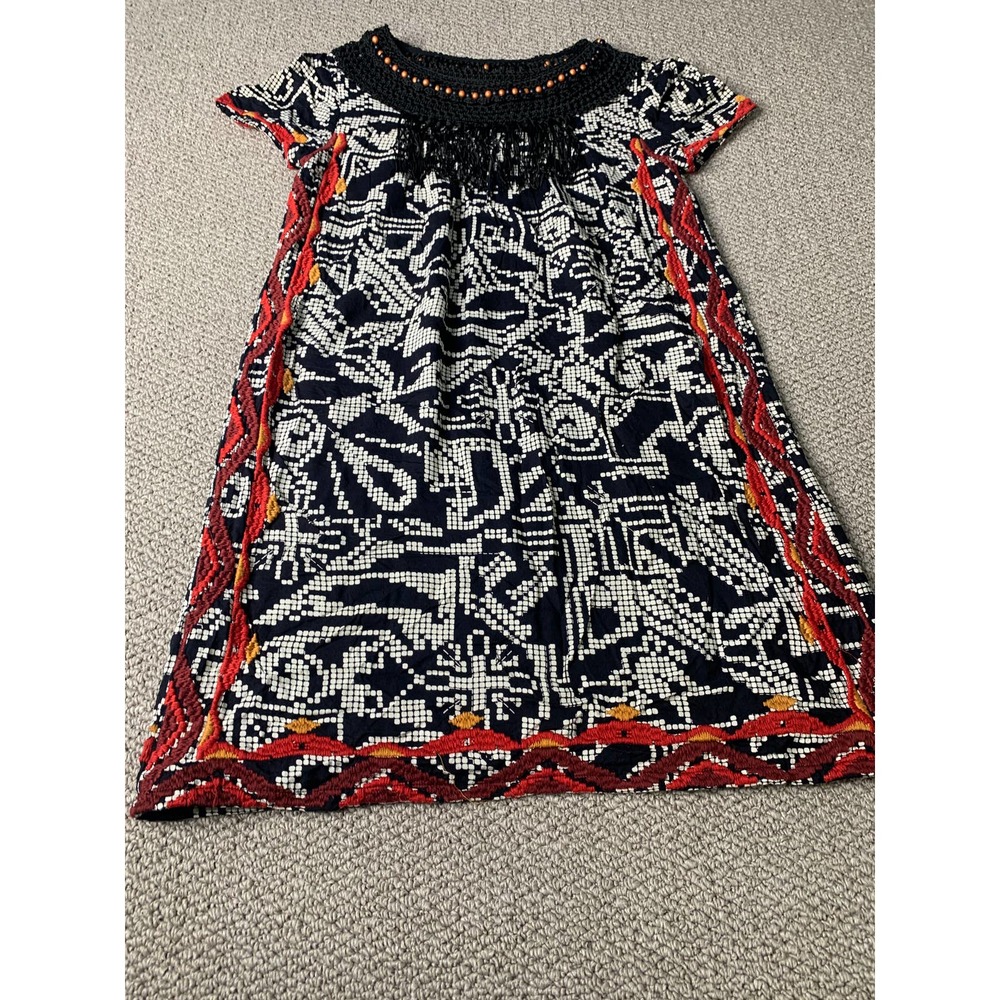 Anthropologie‎ Floreat Womens Dress XS Black Geometric Beaded Fringe Abelia Boho